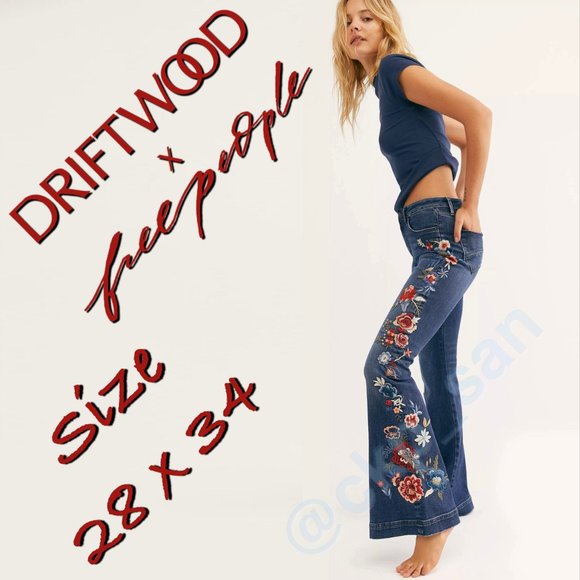 Free People x Driftwood Farrah Embroidered Flare Jeans Sz 28